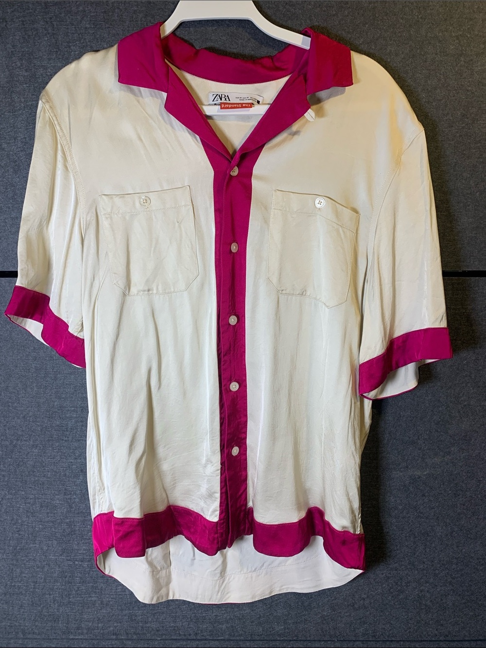 Zara White Short-Sleeve Button-Down Shirt with Fuchsia Trim